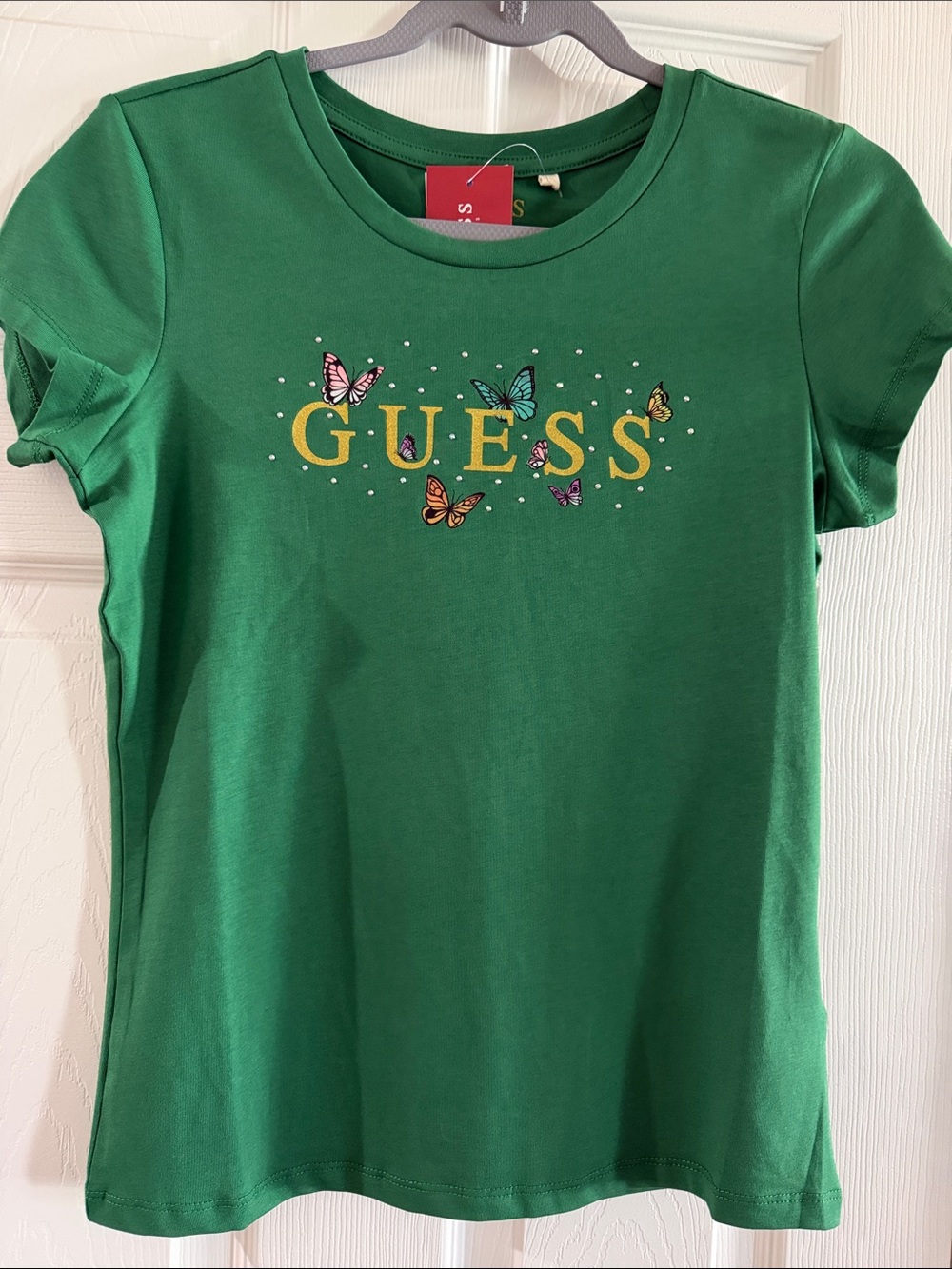 GUESS Green Tee with Yellow Logo and Multicolor Butterflies